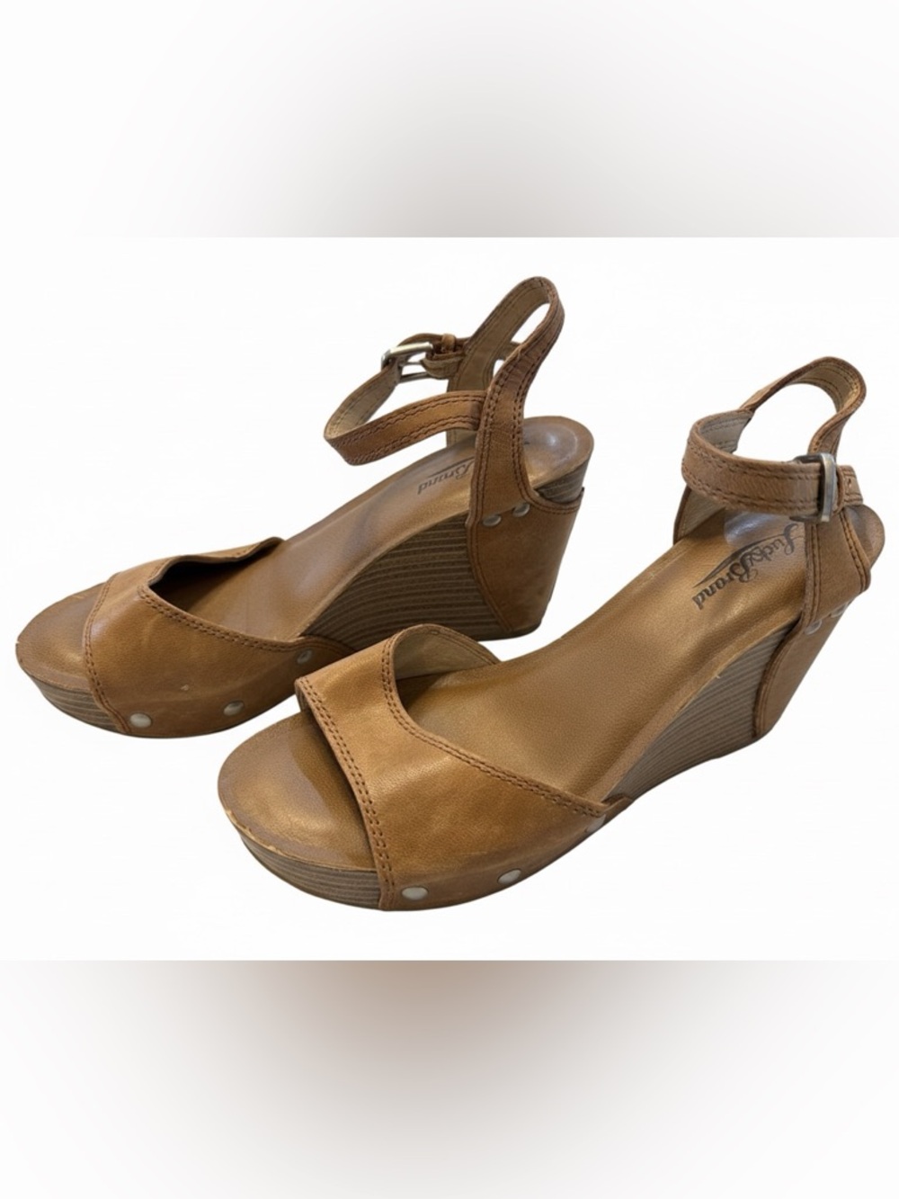Lucky Brand Brown Tan Leather Wedge Sandals with Ankle Strap